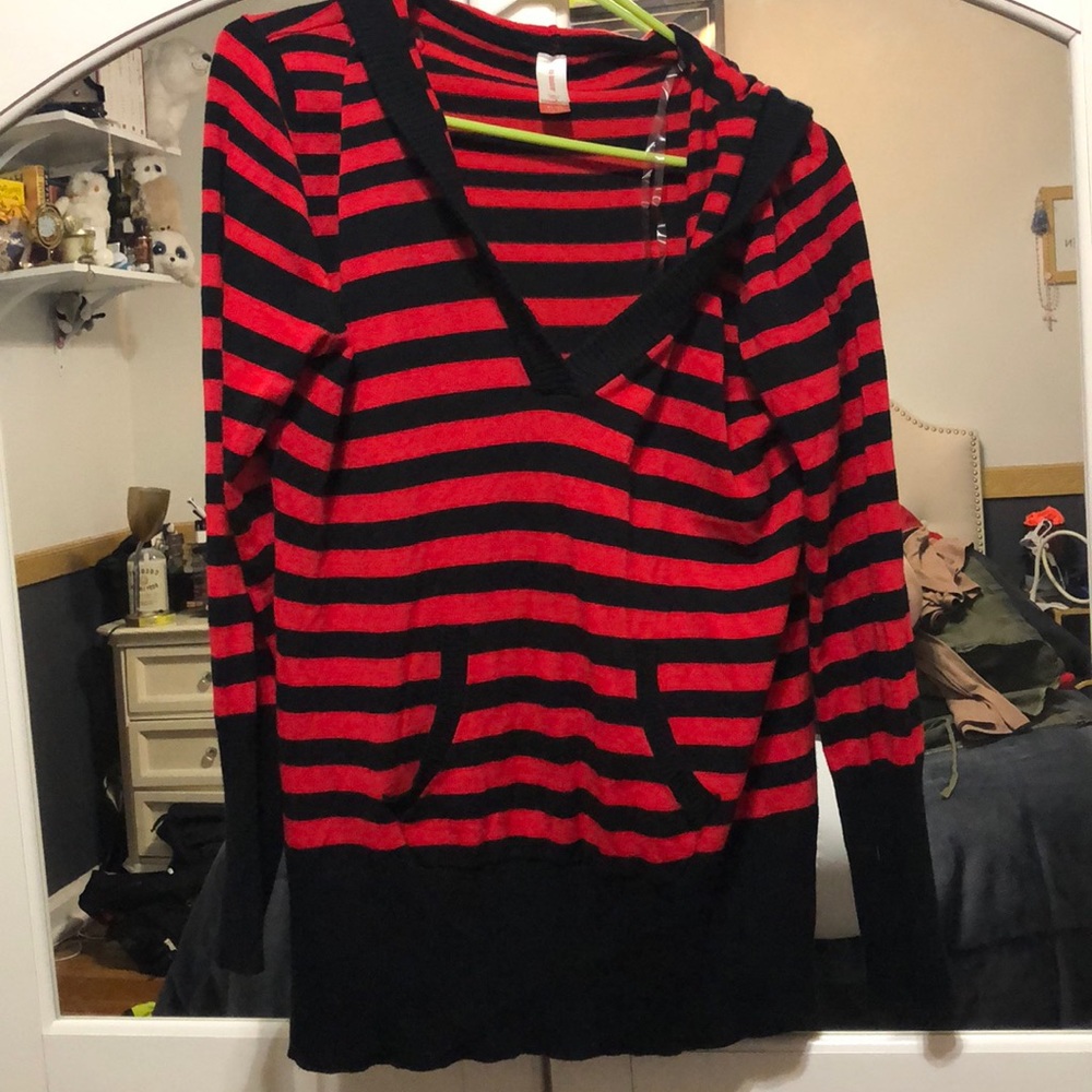 Red and black striped top